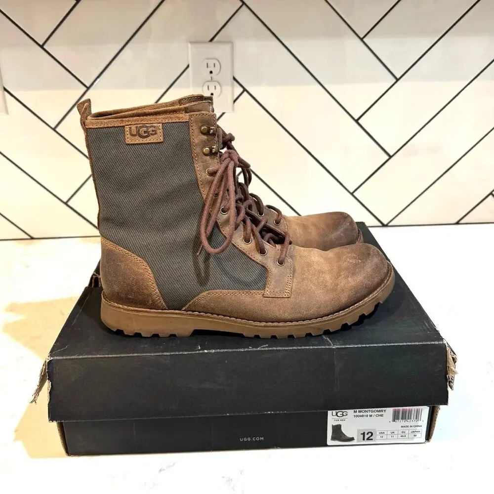 UGG Montgomery combat boots chestnut leather olive canvas upper sz 12